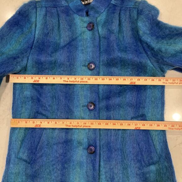 Paul Levy Vintage Blue Purple Green Plaid Striped Mohair Wool Coat Long 44” Bust - Picture 7 of 14
